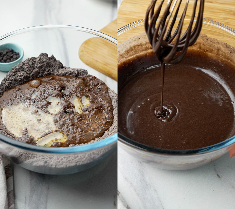 mixing chocolate peppermint cupcake batter with dry and wet ingredients in a glass bowl