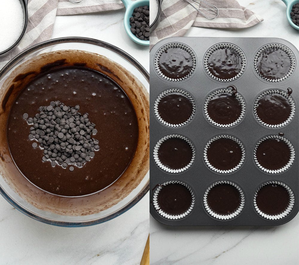 adding chocolate chips to vegan peppermint cupcakes then filling muffin tin and ready to bake