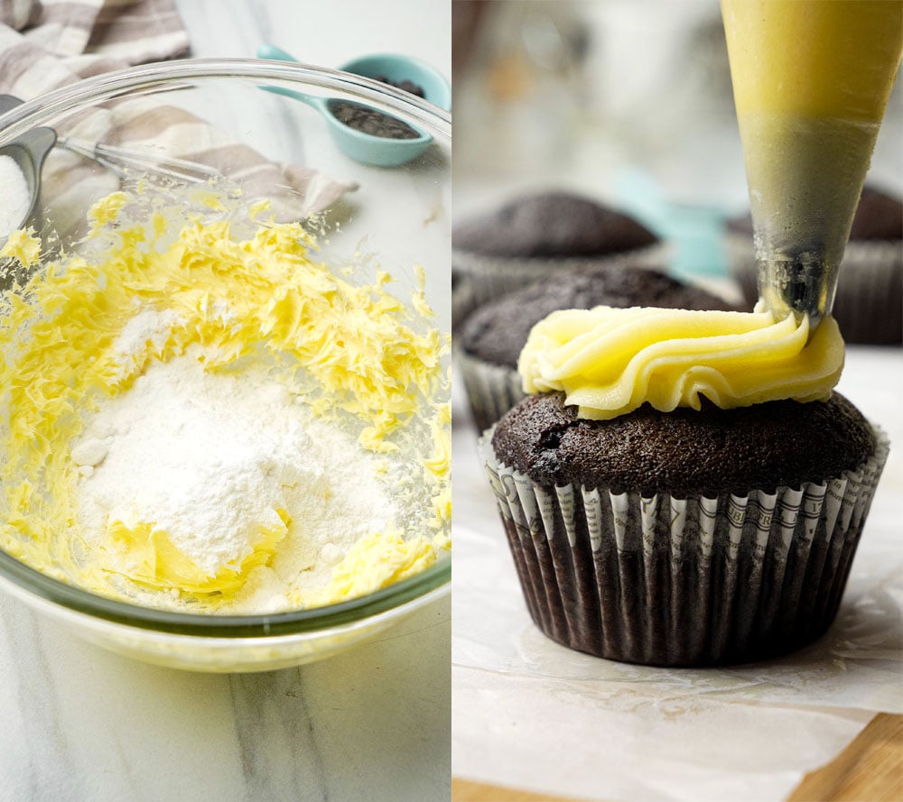 making and piping the dairy-free peppermint frosting for these vegan chocolate cupcakes