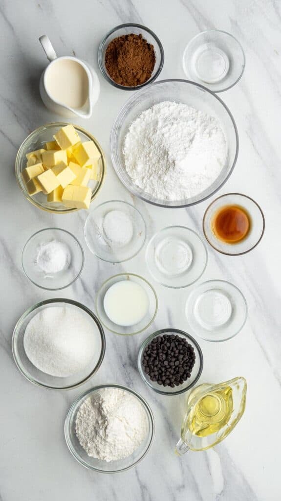 overhead shot of measured ingredients for vegan peppermint cupcakes arranged neatly in glass bowls