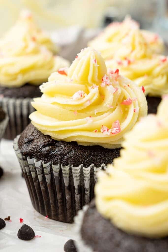 close-up vegan chocolate peppermint cupcake with swirled frosting and crushed candy canes