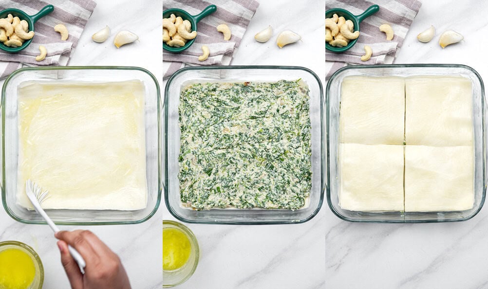 Assembling vegan spanakopita with layered phyllo dough and creamy spinach filling in a dish