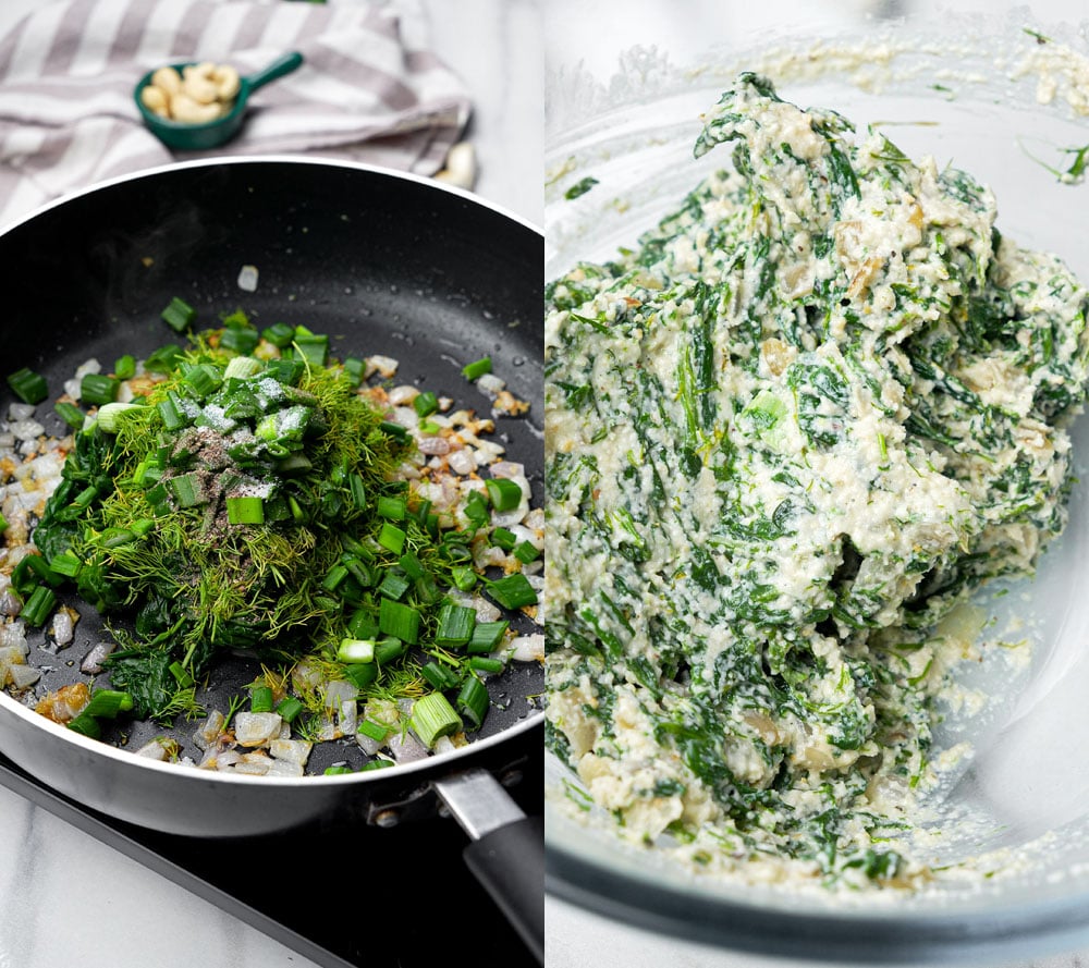 making spinach filling for vegan spanakopita made with herbs, greens and dairy-free cashew feta
