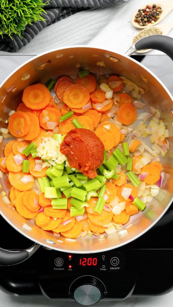 adding in garlic and tomato paste to our plant-based cabbage soup