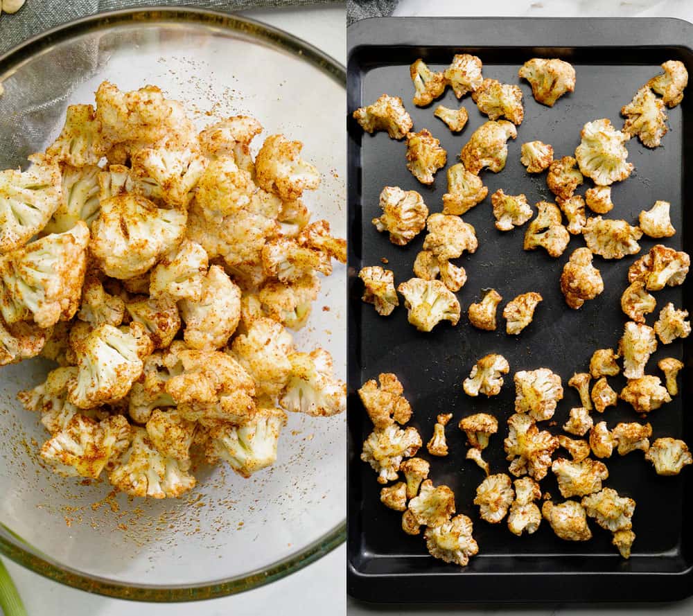 seasoning and roasting florets for this creamy vegan baked buffalo cauliflower pasta