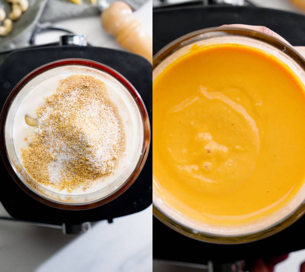 blending creamy dairy-free buffalo sauce for vegan cauliflower pasta casserole