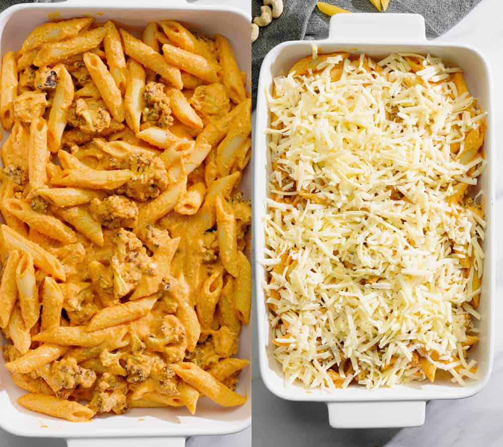 assembling vegan buffalo cauliflower pasta in a 13x9 casserole dish with dairy-free cheese
