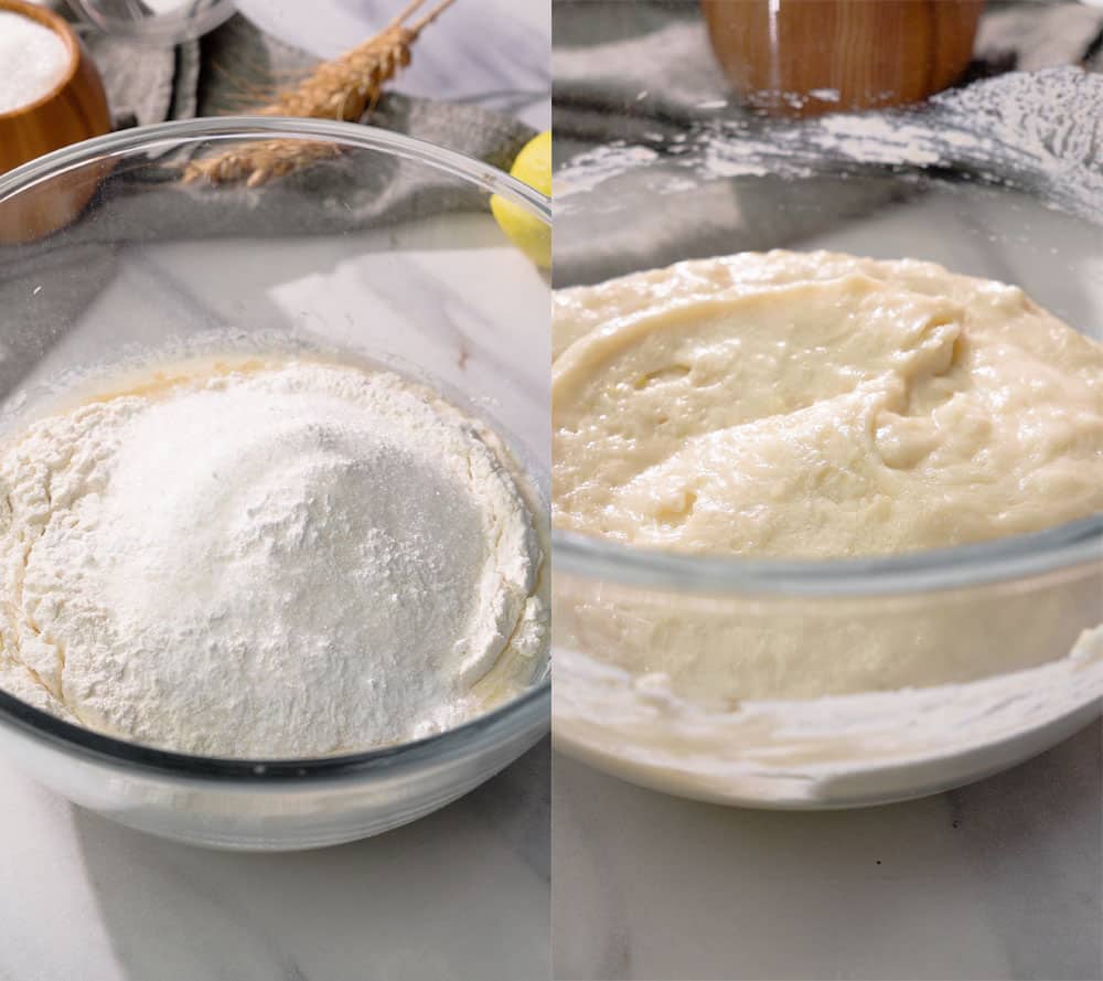 dry and wet ingredients combined to form smooth vegan lemon loaf batter ready for baking