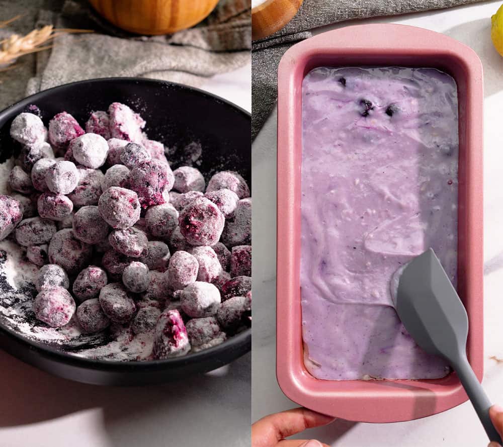 blueberries tossed in flour and folded into vegan lemon loaf batter in a lined pan
