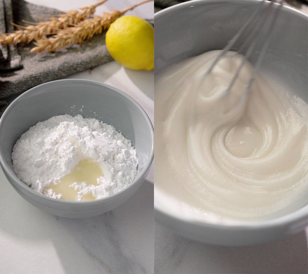 vegan lemon glaze being mixed with powdered sugar and lemon juice until smooth and creamy