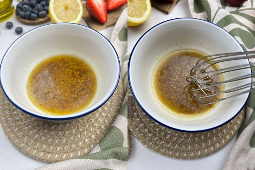 mixing maple Dijon dressing in a small bowl with olive oil, mustard, and apple cider vinegar