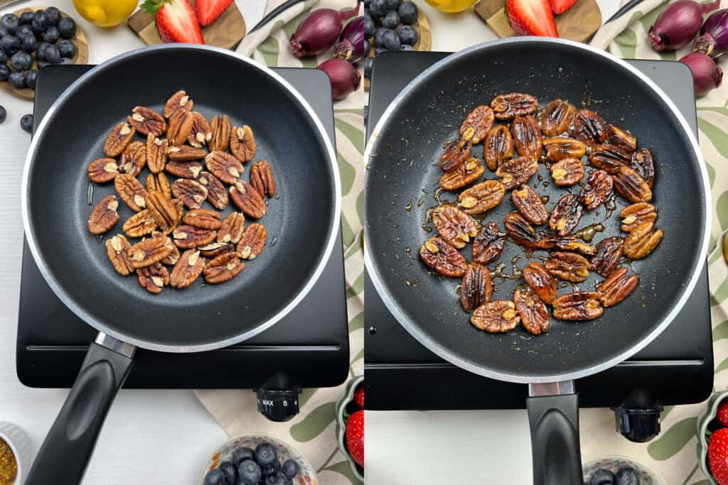 Candied pecans roasting in a medium skillet with maple syrup for a sweet salad topping