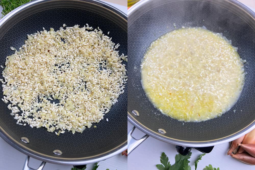 risotto toasting in a frying pan followed by broth being added and absorbing
