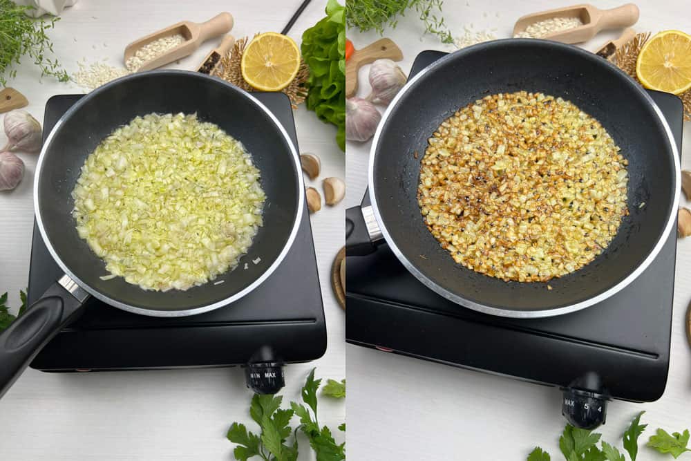 chopped shallots frying in oil from raw to crispy golden brown ready to top the risotto