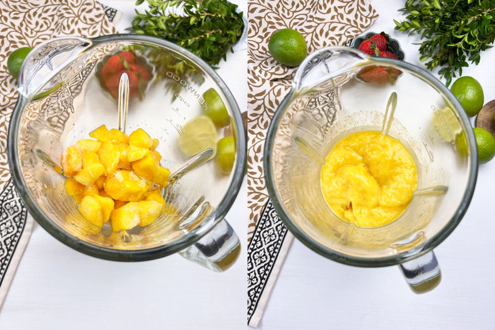 blended mango puree with lime and vegan cream ready to freeze