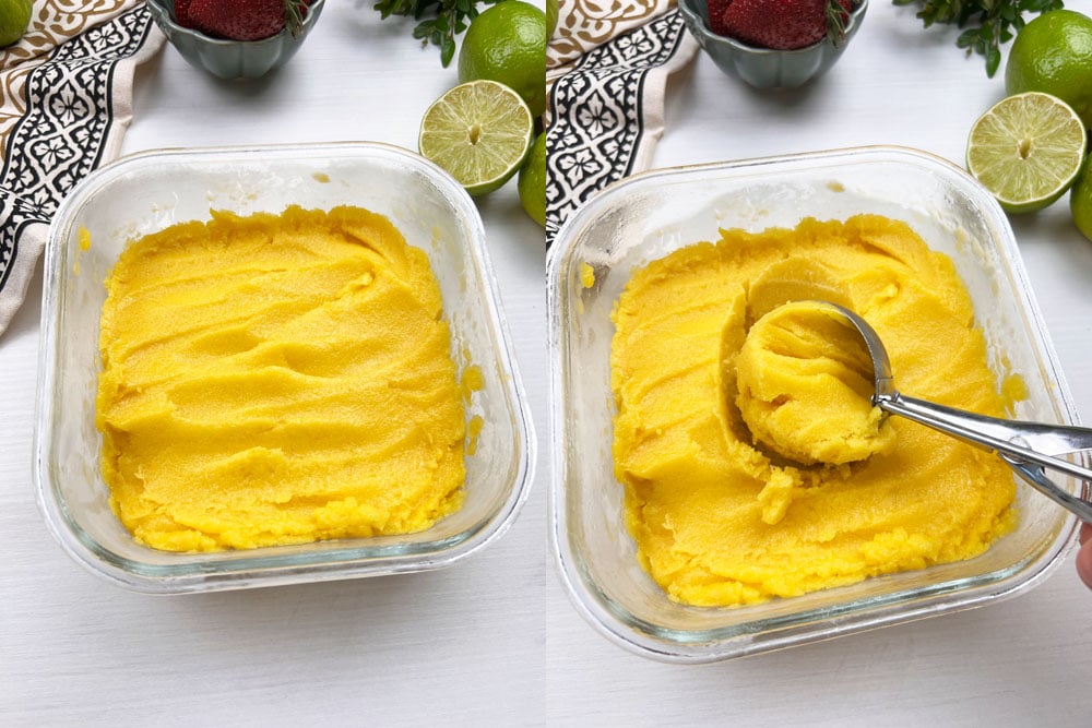 smooth mango mixture being churned during freezing to create creamy fruit sorbet texture