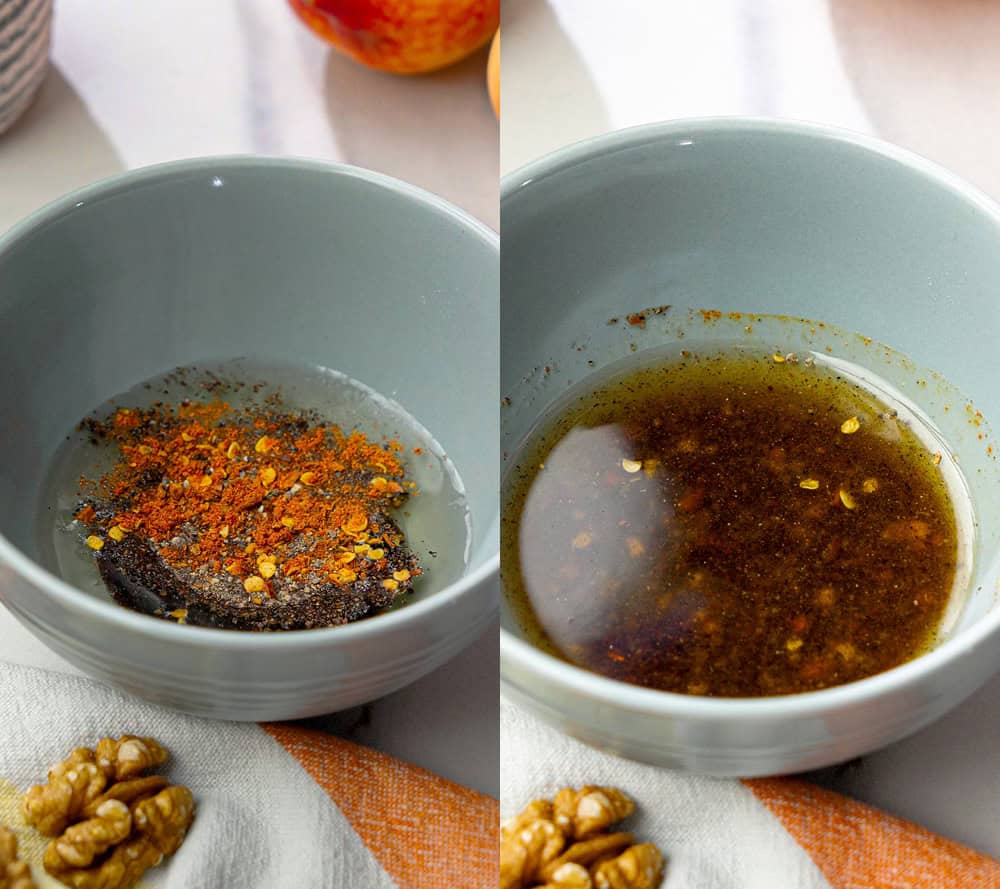 Balsamic dressing before and after mixing for a vegan salad with dairy-free whipped feta