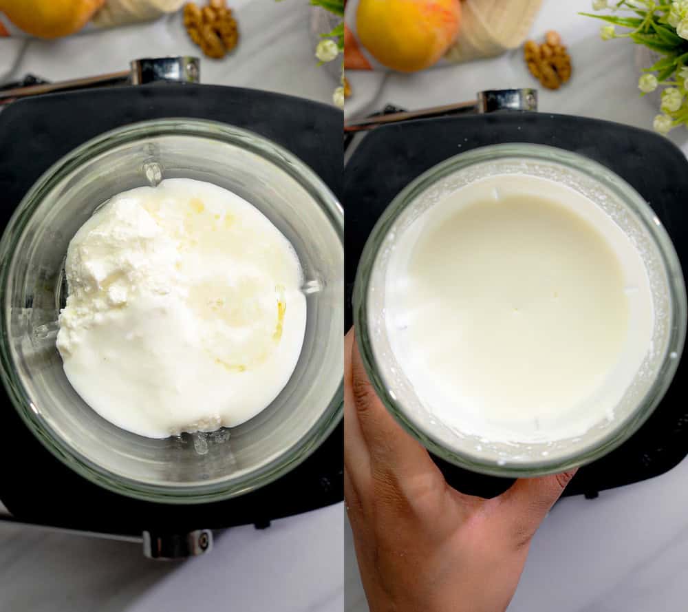 whipped vegan feta before and after blending in a food processor for peach salad recipe