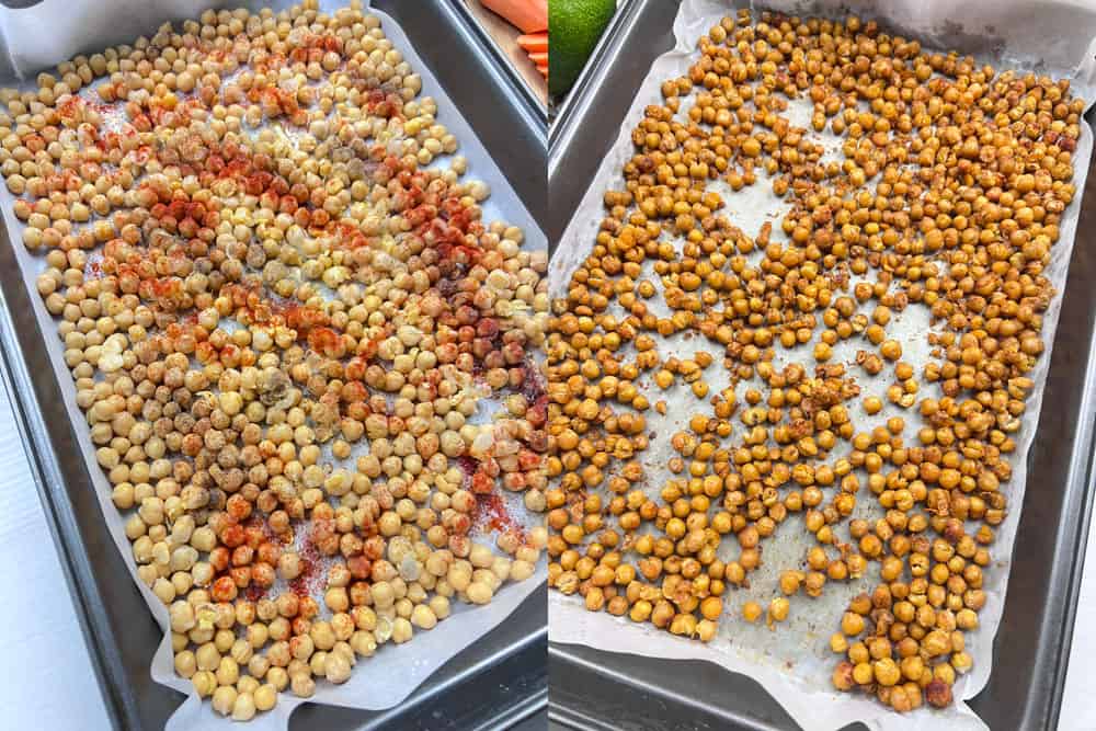 seasoned chickpeas roasting until golden and crispy for vegan smashed garbanzo wraps
