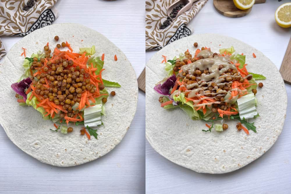 building vegan crispy chickpea salad wrap with fresh vegetables and a lemon tahini sauce