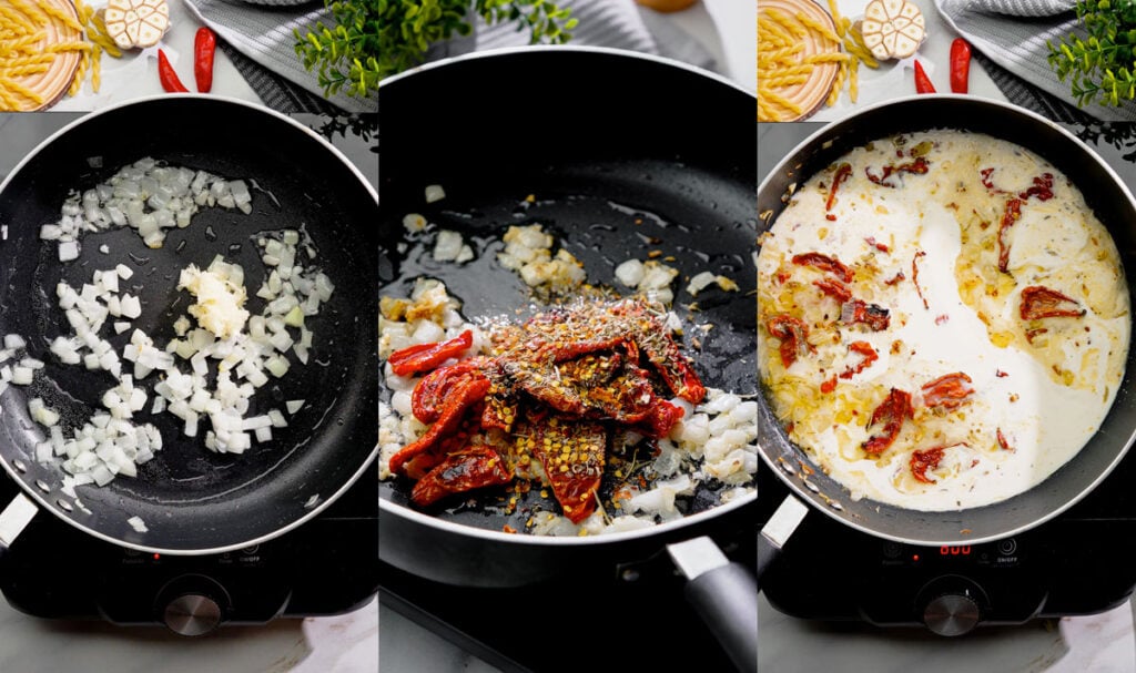 Vegan Tuscan pasta process with garlic, onions, herbs and dairy free cream sauce in a skillet