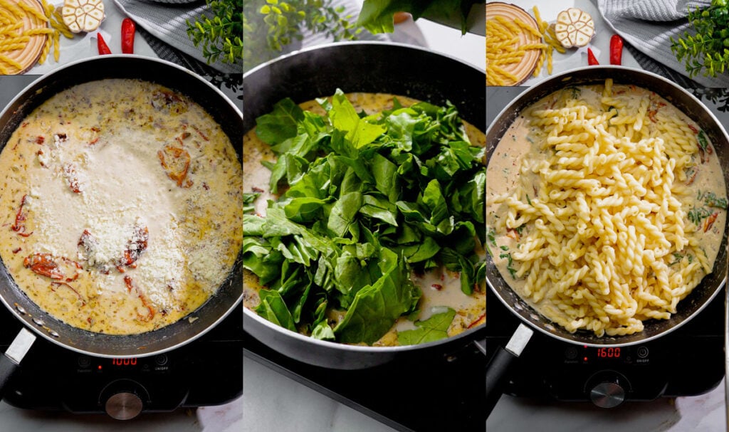 creamy vegan sun-dried tomato pasta process shots with spinach, parmesan, and gemelli pasta in skillet