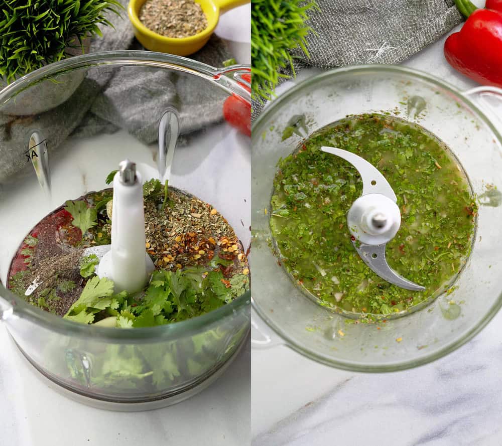 making chimichujrri in a food processor with herbs and olive oil for grilled vegan flatbread