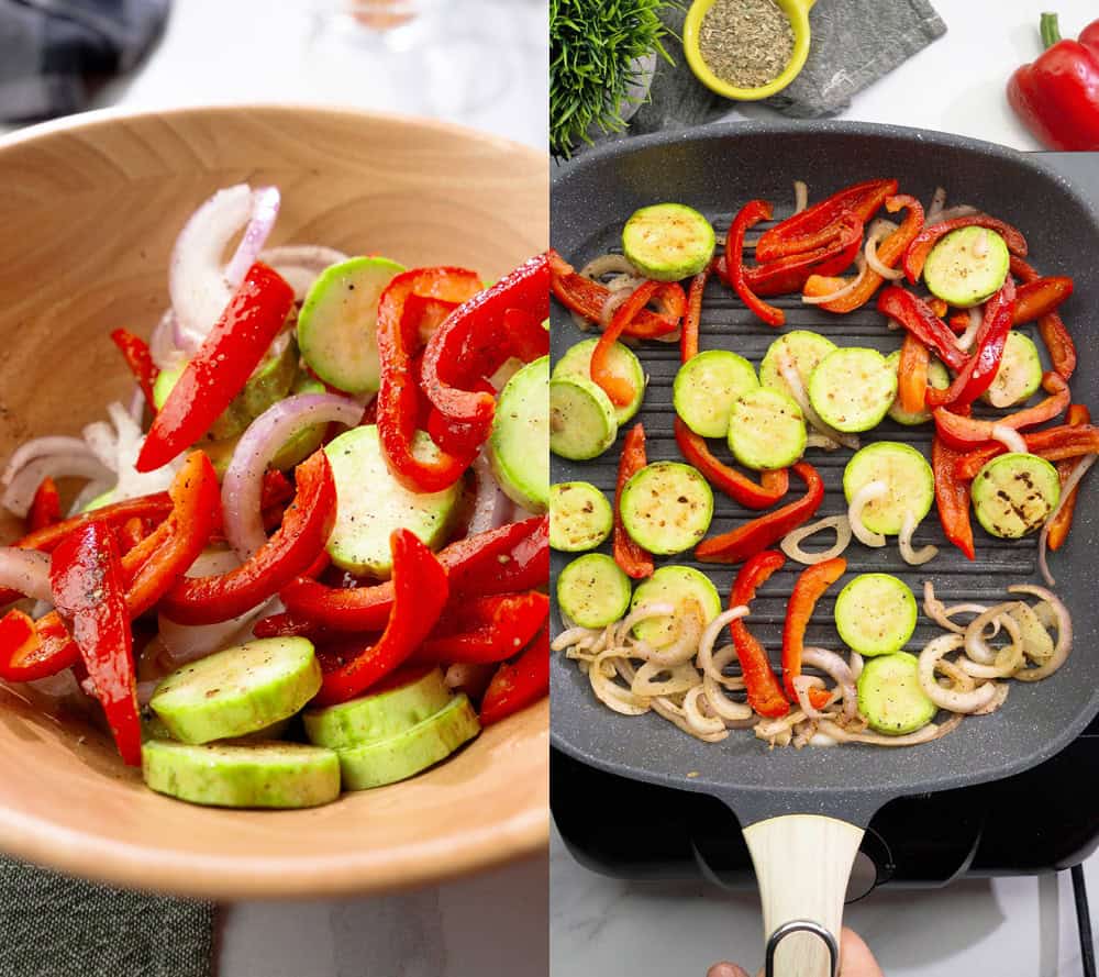 prepping and grilling zucchini, peppers and onions for vegan chimichurri pizza