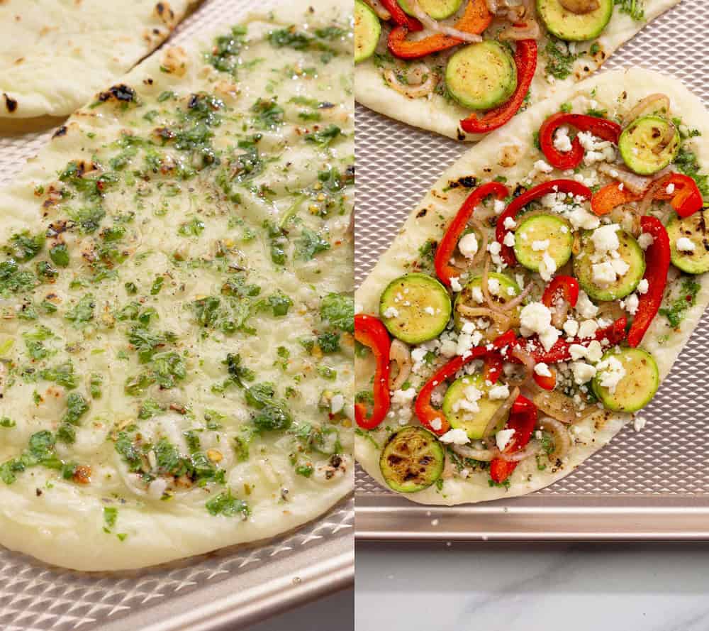 assembling grilled vegetable flatbread for the oven with feta and chimichurri