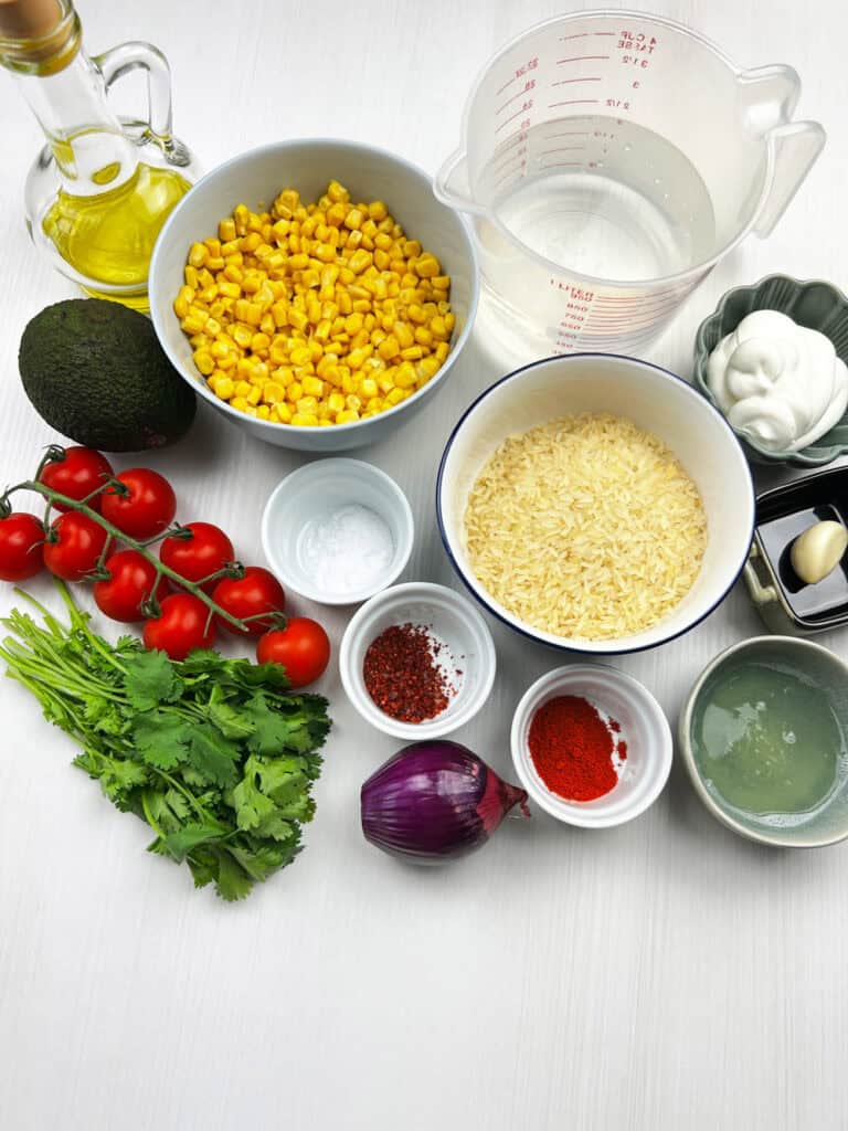 a collage of ingredients used to make vegan Mexican street corn bowls with rice