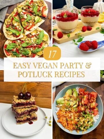 Easy vegan party and potluck recipes featuring flatbread, raspberry cheesecake, cherry bars, and a colorful poke bowl.