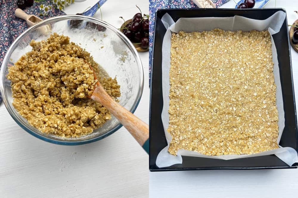 process of making buttery oat crumble and spreading into a parchment lined pan
