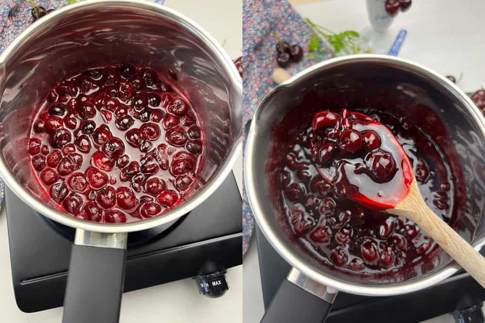 process of cooking cherry crumb filling over a stovetop until it thickens
