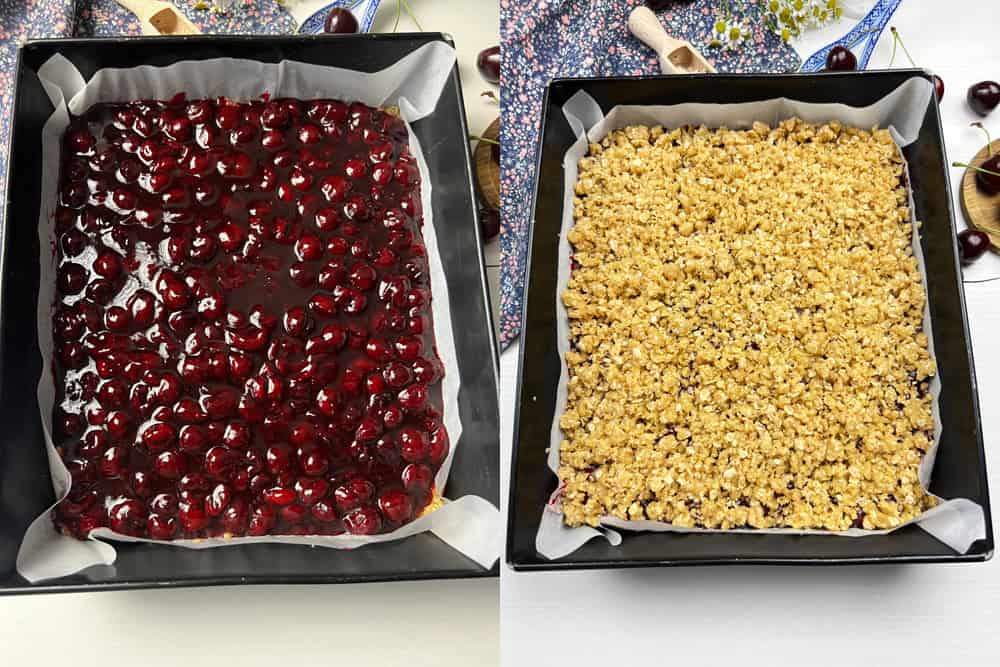 layering the yummy flavors of this vegan cherry crumble getting ready to bake