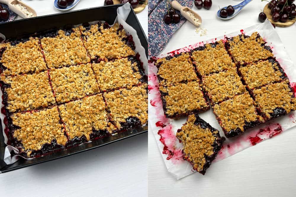 freshly baked cherry crumb bars cooling in the pan, then slicing and serving