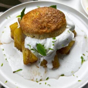close-up of vegan grilled pineapple shortcake with coconut whipped cream and fresh mint