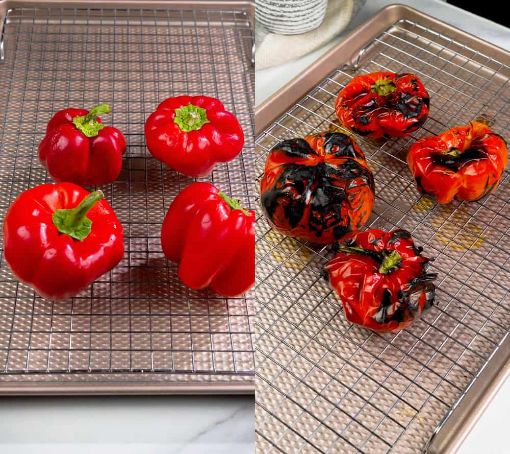 Fresh red bell peppers before and after roasting in the broiler for a charred flavor soup