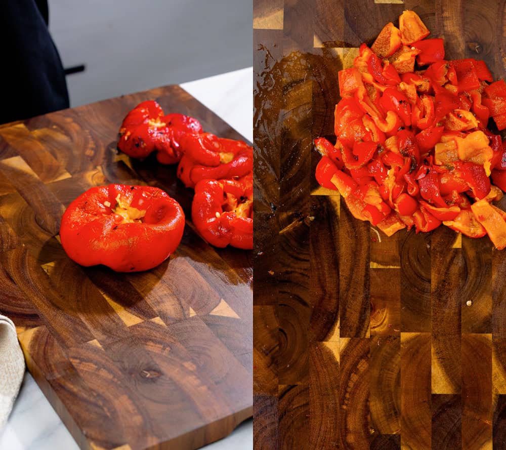 peeling and chopping charred red peppers before adding to the creamy vegan soup base