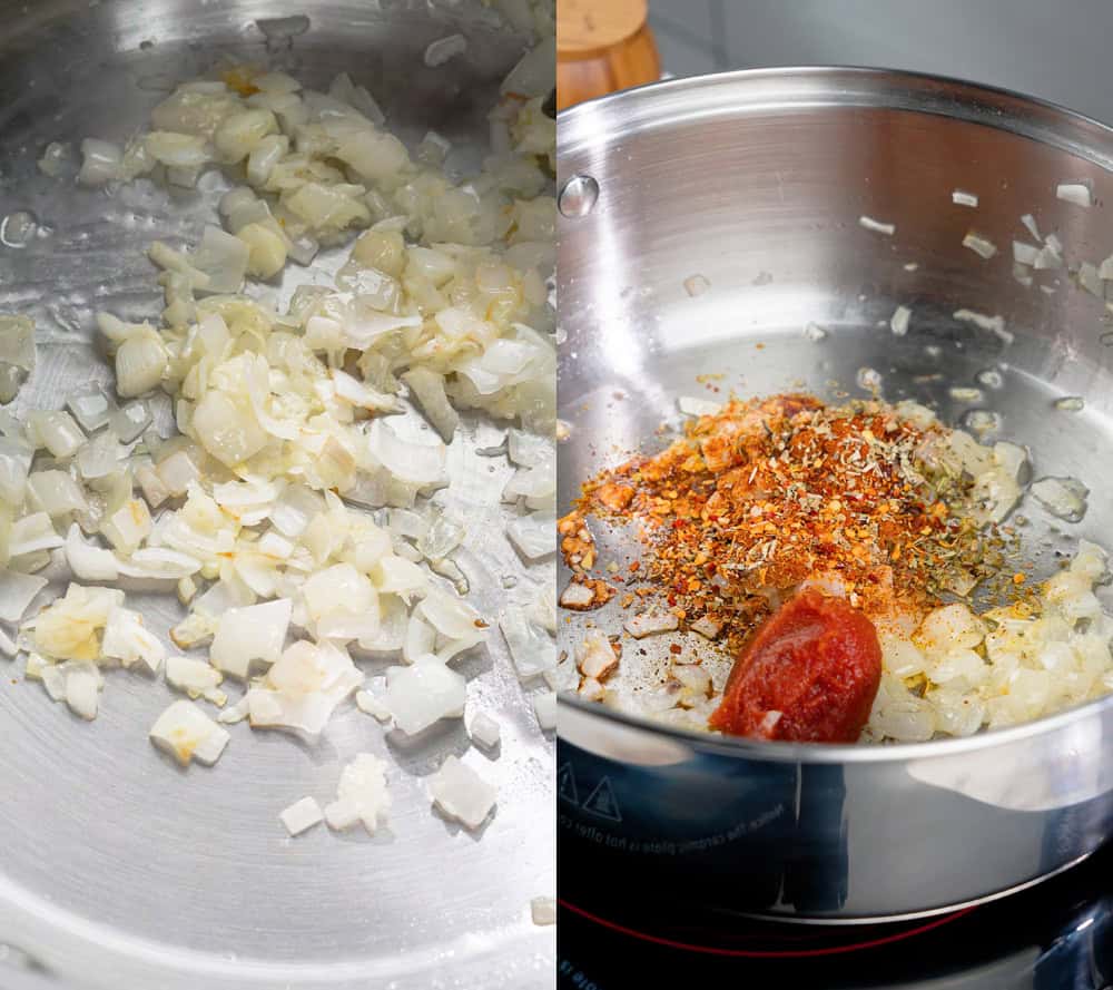 adding tomato paste and spices to your sauteed onions and garlic to make a rich soup base