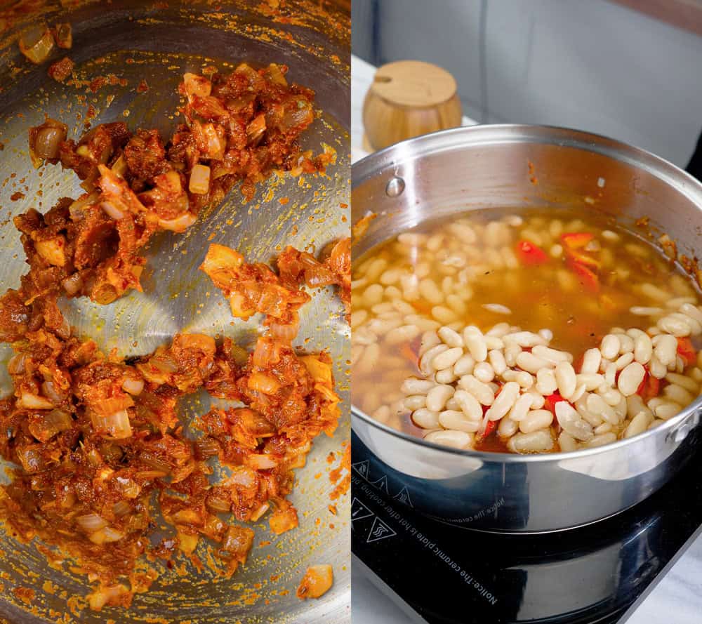 Cooking tomato paste, onion, garlic, and seasonings before adding beans and broth to build the base