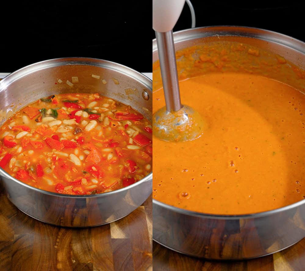 simmered red peppers, cannellini beans, onions, garlic and broth then blending into a smooth creamy soup