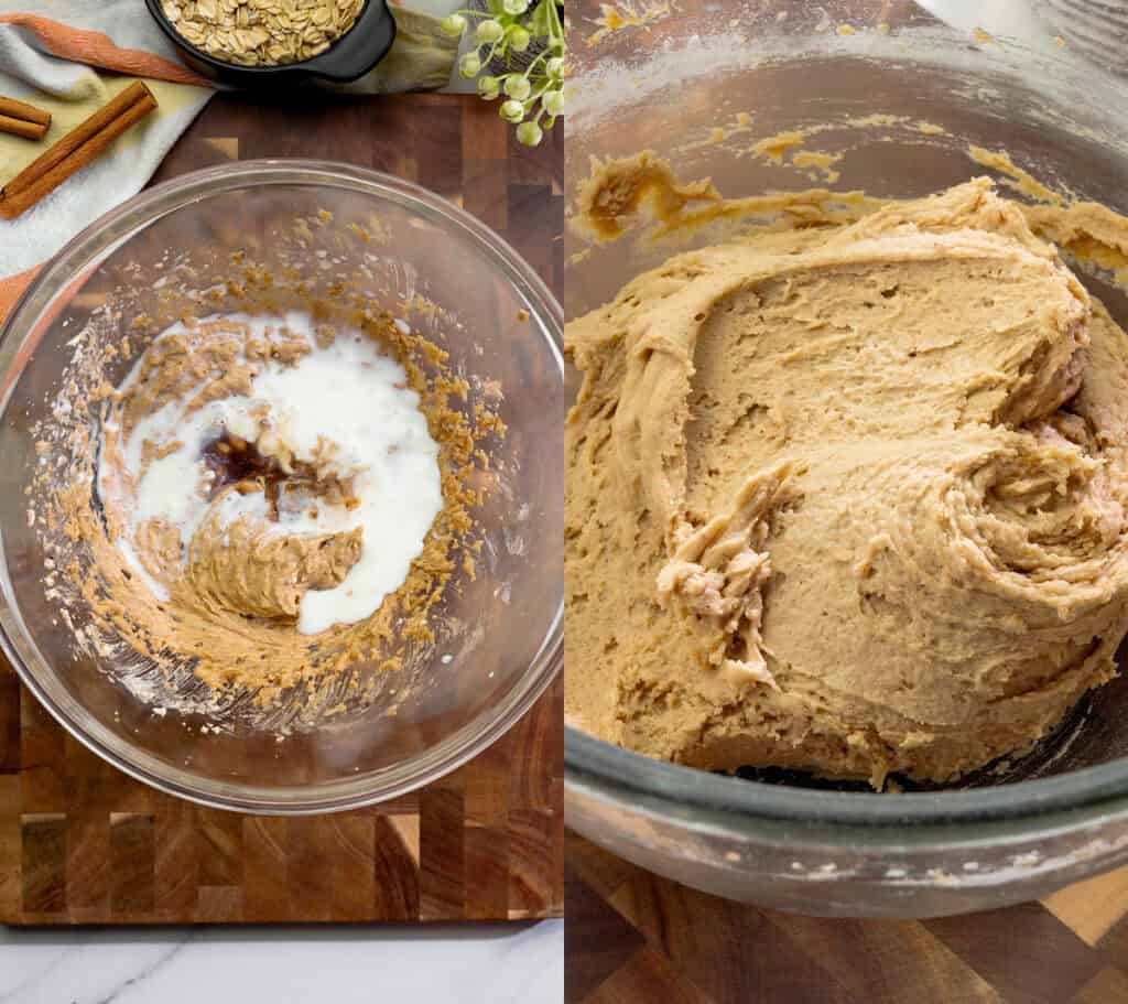 mixing out vegan apple cookie dough with sugar, oat milk and cinnamon