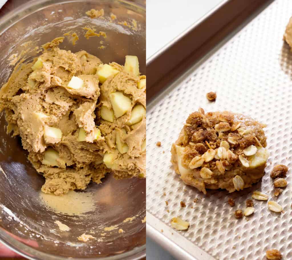 process of forming apple-filled dough into cookies topped with oat crumble