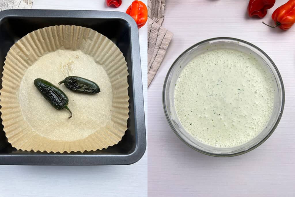 roasted jalapeños are blended into a creamy vegan dipping sauce for the fritters