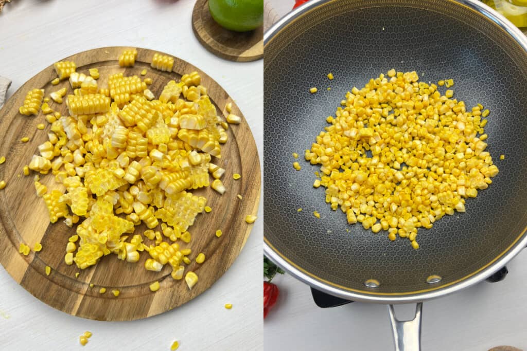 prepping sweet corn kernels then roasting in a pan for maximum char