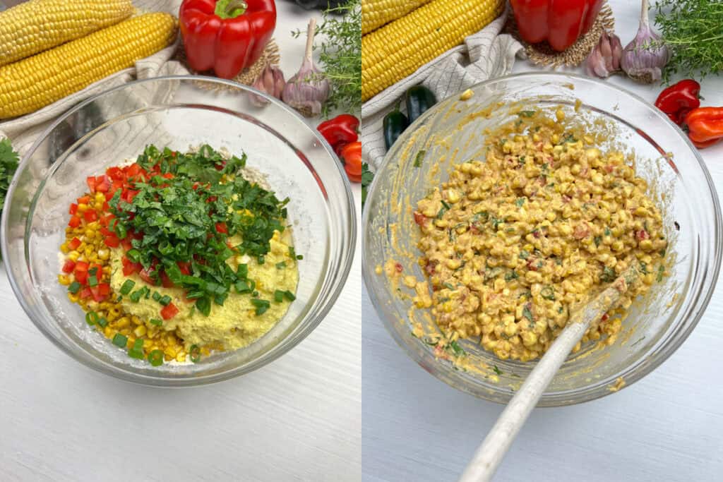 crispy fritter batter mixed with sweet corn, red pepper, green onions and fresh cilantro