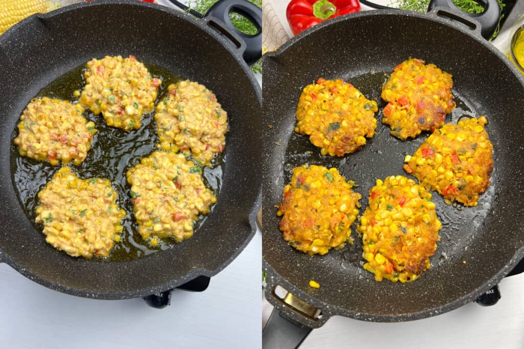 fresh corn fritters frying in a skillet until golden brown and crispy on both sides