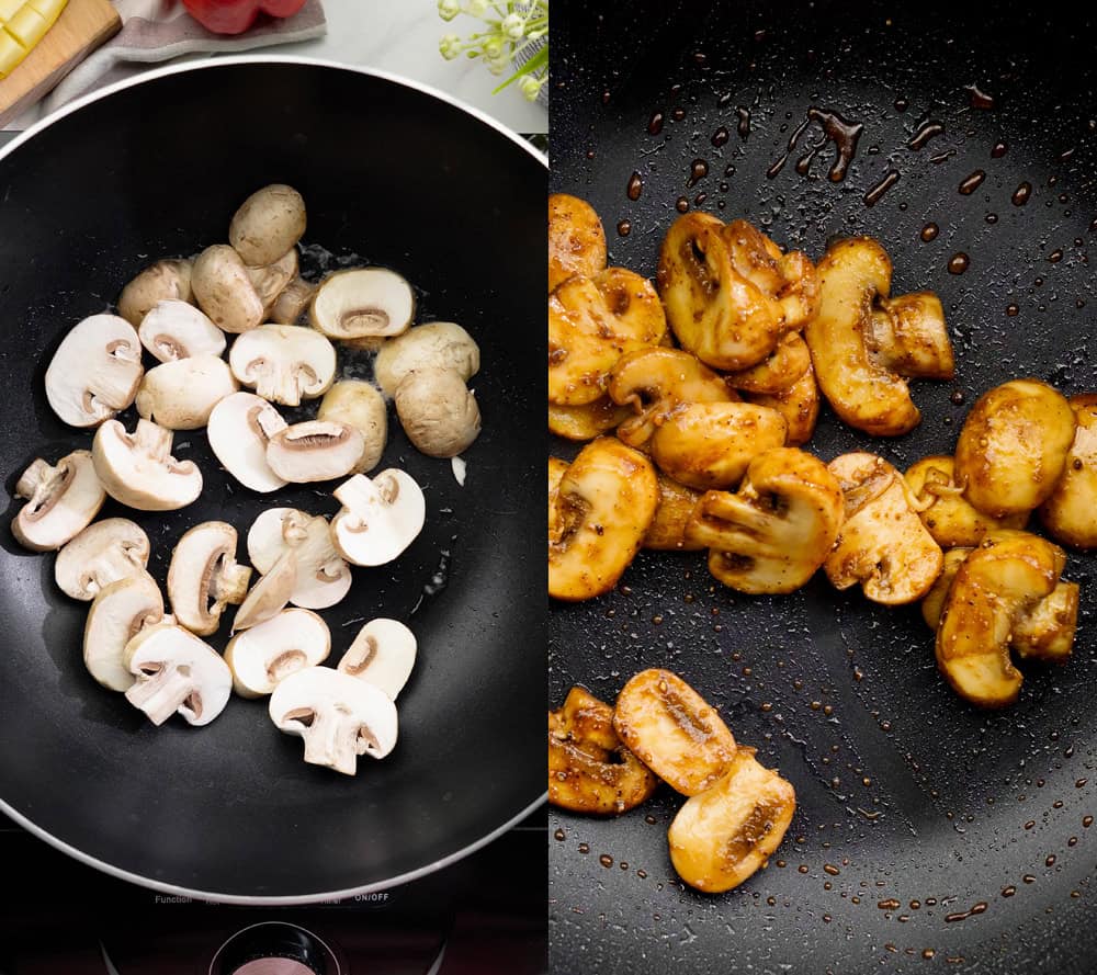 sautéing mushrooms in a large skillet with soy sauce and garlic