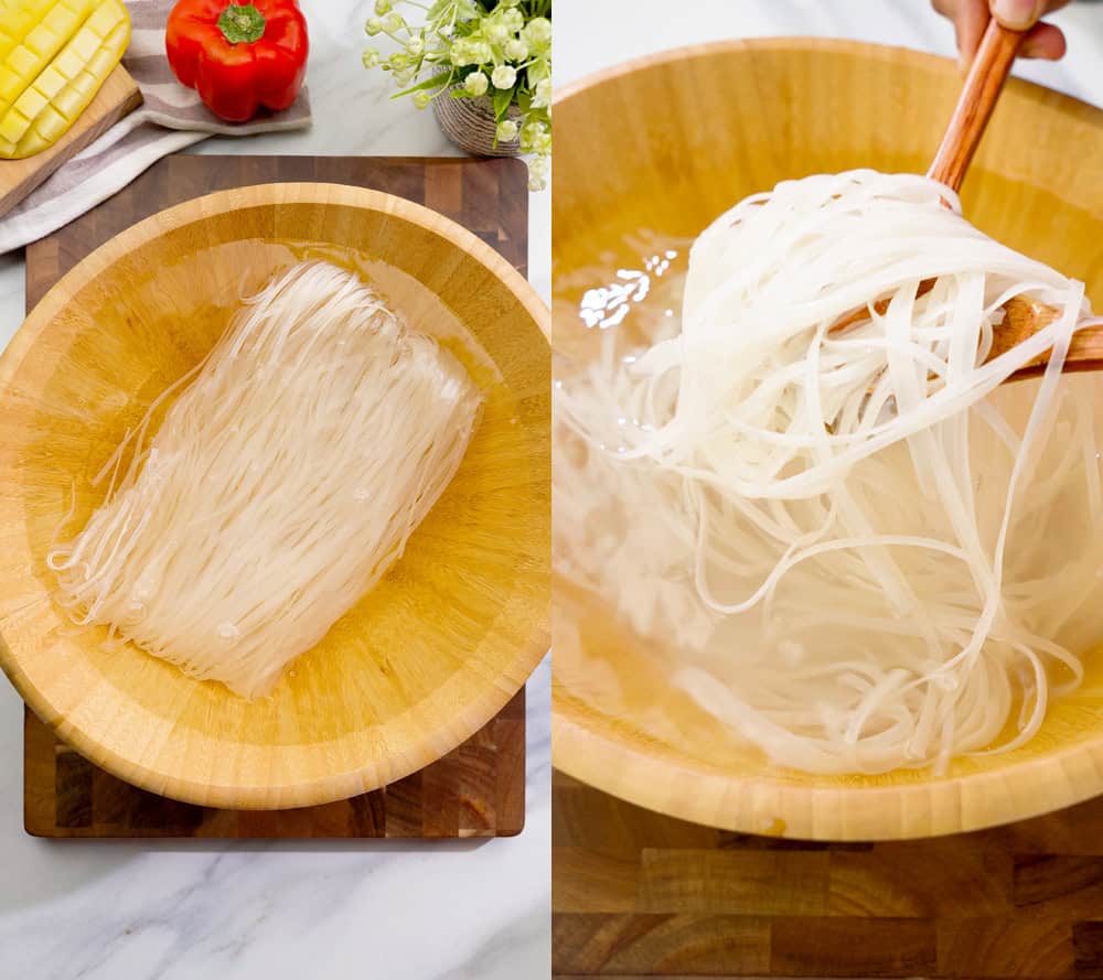 cooking rice noodle in a wooden bowl with hot water for yummy mango soup