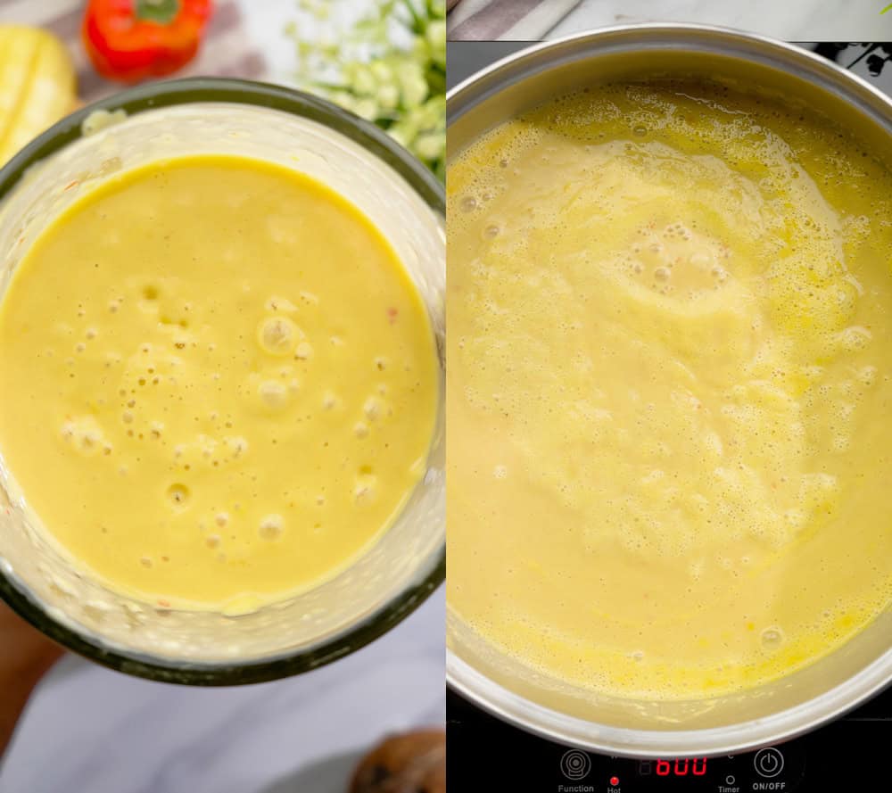 process of blending all the soup base ingredients then cooking on the stove